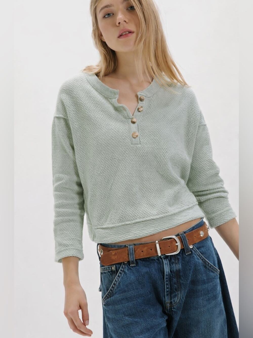 Free People FP Beach Waffle Knit Henley Pullover Sage Green Coastal Oversized S